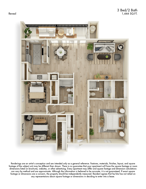 Floor plan for 3 beds, 2 baths, 1444 sqft
